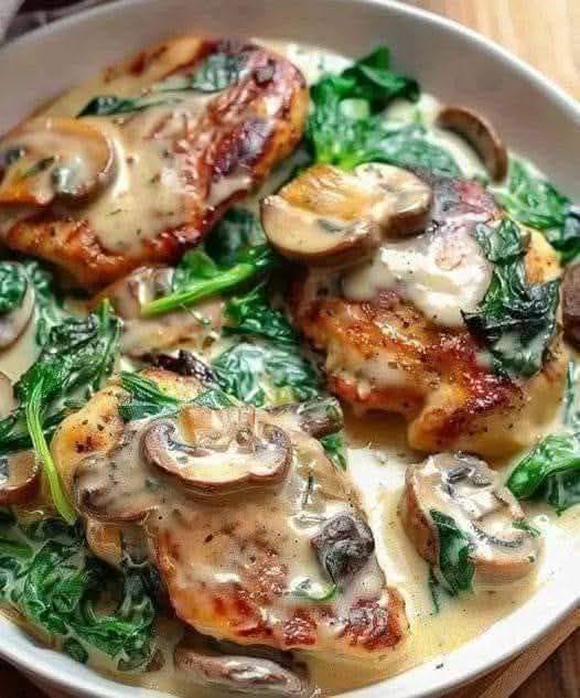 Chicken with Spinach and Mushrooms in Creamy Parmesan Sauce