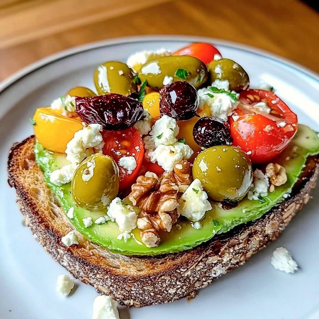 Avocado Toast with Feta, Olives, Cherry Tomatoes, Cranberries & Walnuts