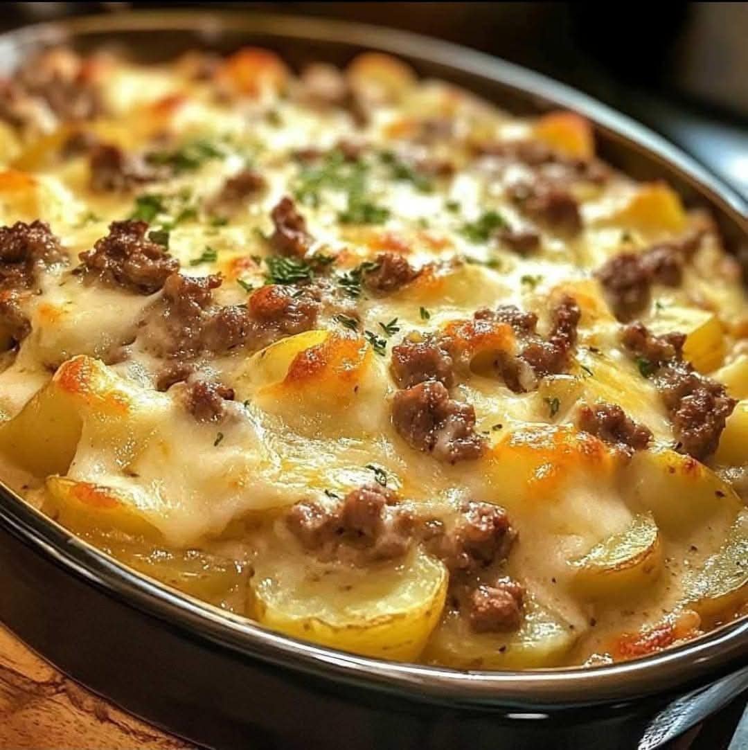 This dish looks like a Cheesy Ground Beef and Potato Casserole!